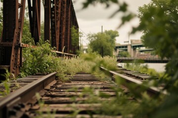 A train track running alongside a peaceful body of water. This image can be used to depict transportation, travel, or serene landscapes