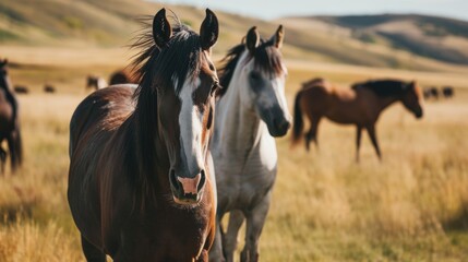Obraz premium A picture of a herd of horses standing on top of a grass-covered field. This image can be used to depict the beauty of nature and the freedom of wild animals