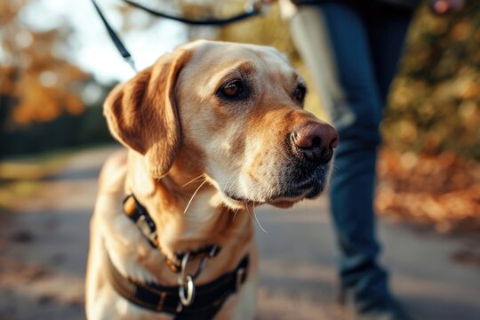 A close-up view of a dog on a leash. This image can be used to depict pet ownership, dog training, or outdoor activities with dogs