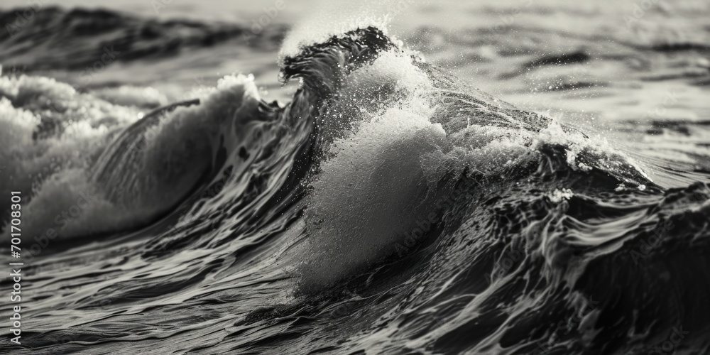 Poster A captivating black and white photograph capturing the power and beauty of a wave in the ocean. Perfect for adding a touch of elegance and drama to any project