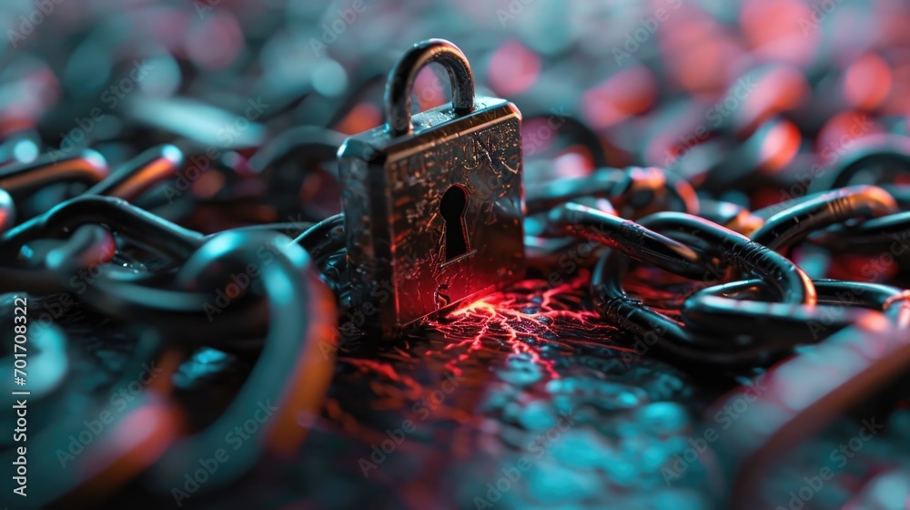 Poster a detailed close-up of a lock on a chain. suitable for security, protection, or privacy concepts