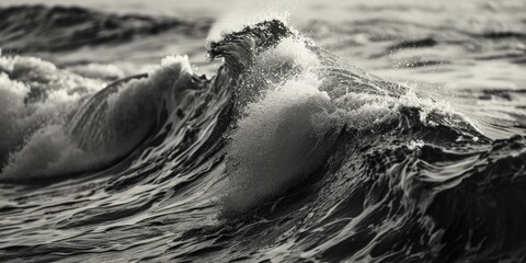 A captivating black and white photograph capturing the power and beauty of a wave in the ocean....