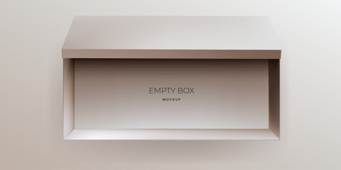 An elegant open shoe box mockup, showcasing a luxury product. The realistic 3D vector design, with a blank template, is perfect for brand presentation and corporate packaging. Not AI.