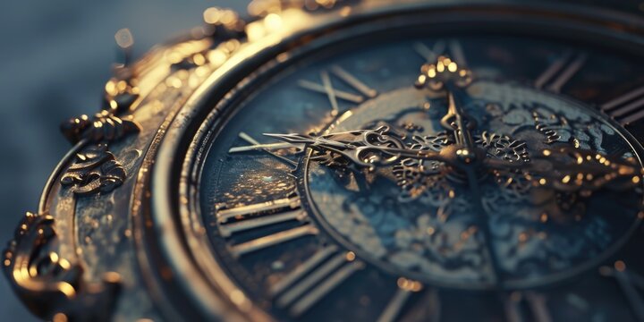 A detailed close up of a clock with clear and distinct roman numerals. Perfect for illustrating the concept of time or for use in articles and blogs about punctuality, time management, or history