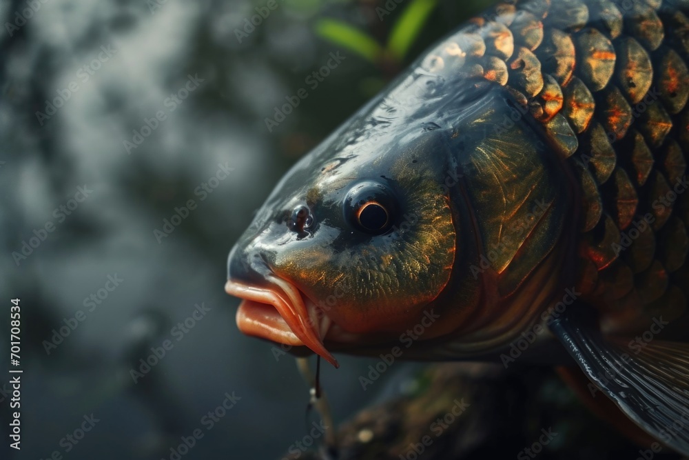 Poster a detailed close-up view of a fish with its mouth wide open. this image can be used to depict aquati