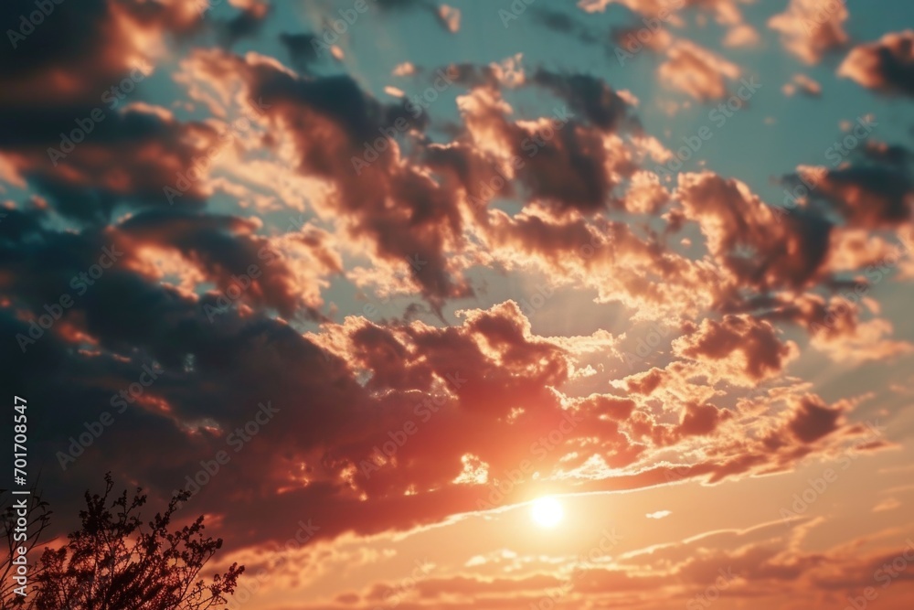 Poster The sun is setting behind the clouds in the sky. This image can be used to depict the beauty of nature and the end of a day