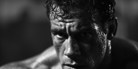 A close-up shot of a man with a wet face. This image can be used to depict emotions such as sadness, frustration, or exhaustion. It can also be used in beauty or skincare-related content - obrazy, fototapety, plakaty