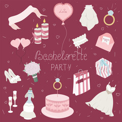 Pink set colored illustration of bachelorette party decorations.