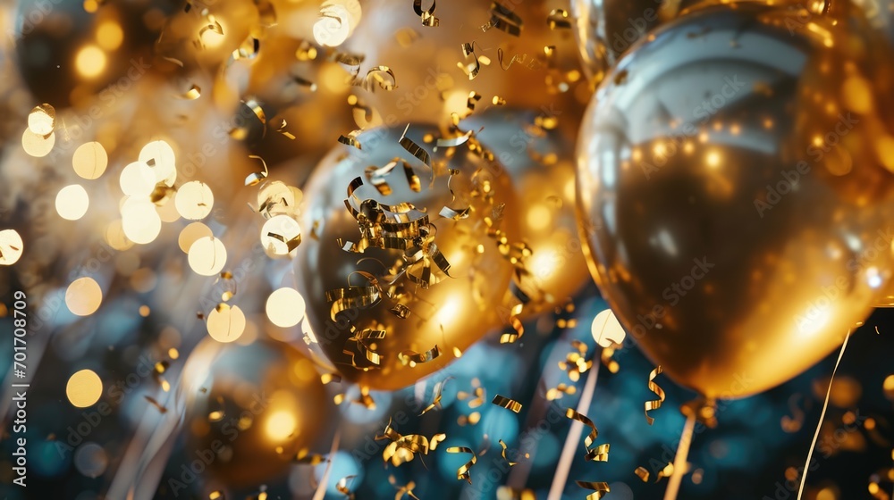 Poster a vibrant image showcasing a bunch of gold balloons and confetti. perfect for adding a touch of cele