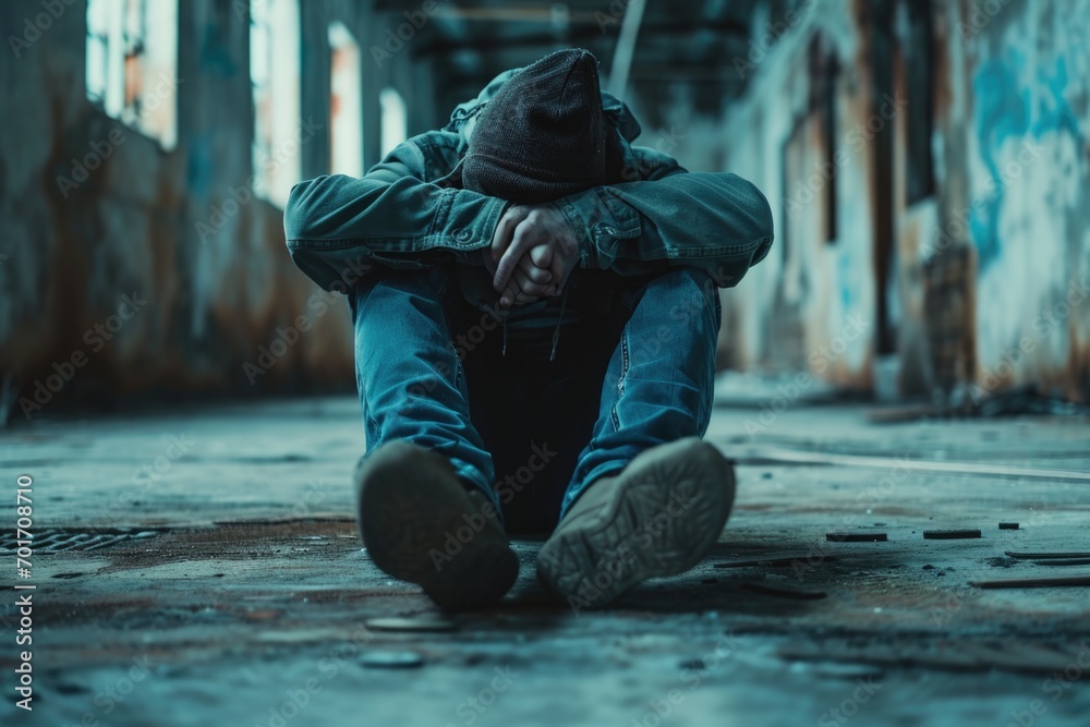 Poster a person sitting on the ground with their hands on their knees. suitable for various applications