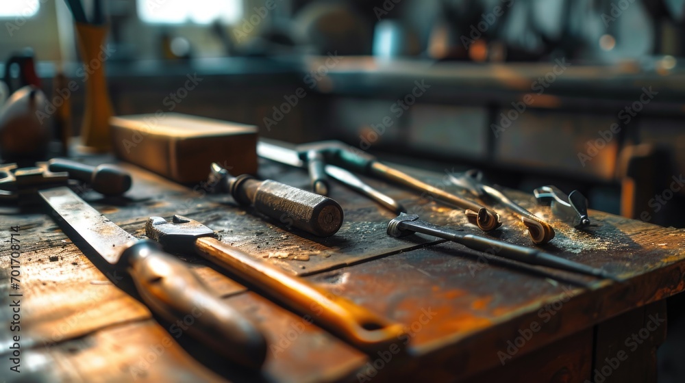 Aufkleber a collection of tools neatly arranged on a sturdy wooden table. ideal for illustrating craftsmanship