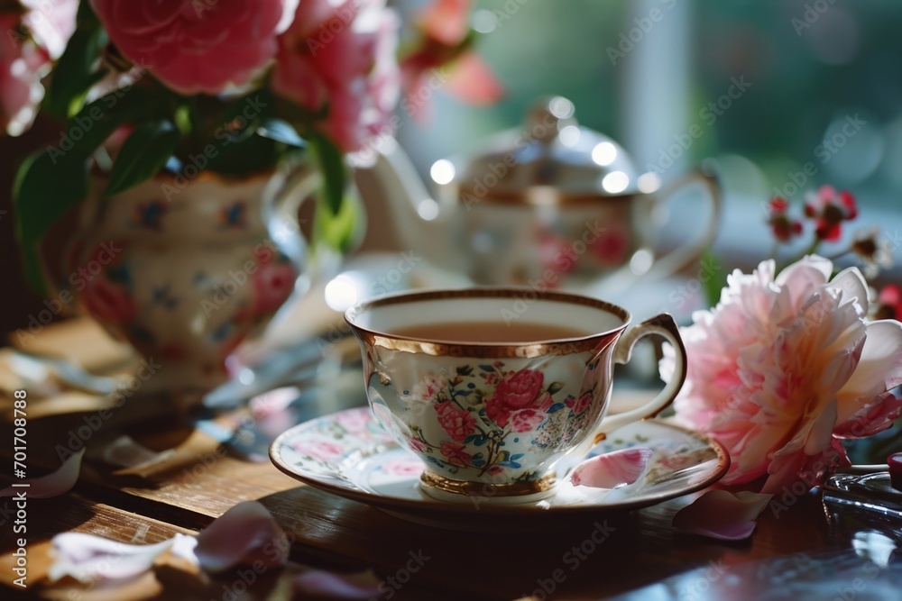 Aufkleber A simple and elegant tea cup and saucer placed on a table. Perfect for adding a touch of sophistication to any tea-related project or design
