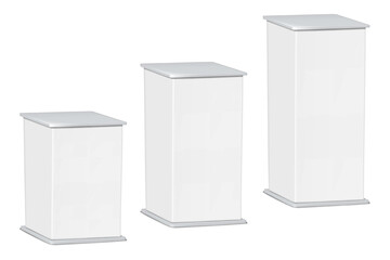 White blank tradeshow exhibition plinth. Different sizes, vector mock-up set. Trade show pedestal podium display stand mockup kit - 701708751