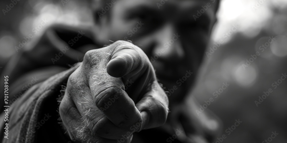 Poster A black and white photo of a man pointing directly at the camera. Suitable for various uses