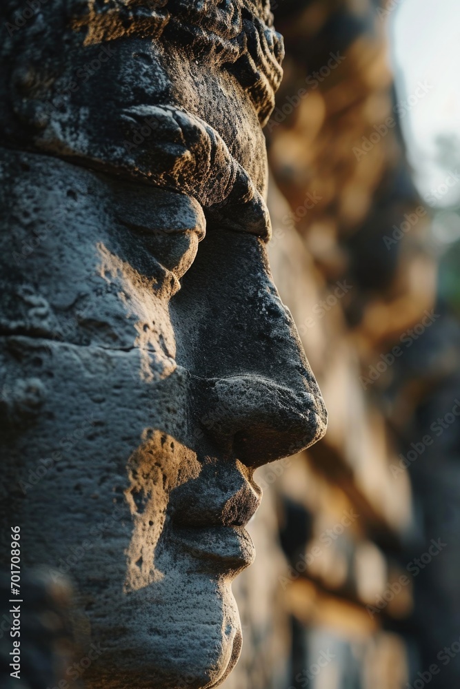 Poster a close-up view of a statue depicting a person's face. this image can be used to convey emotions, sy