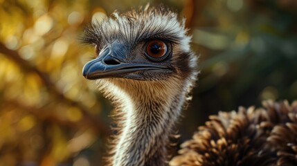 A close-up view of an ostrich's head with a blurry background. Suitable for various uses
