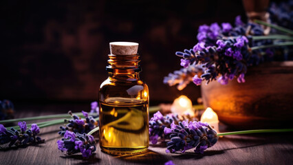 Obraz na płótnie Canvas Healing Lavender Combo: Aromatherapy Oil and Bouquet