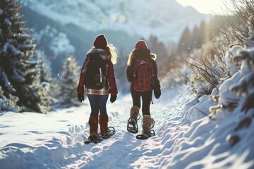 A couple walking together on a path covered in snow. Perfect for winter-themed projects and romantic scenes