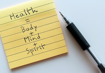 Note and pen with handwritten text Health = Body,Mind, Spirit - means individual wellness is connection of mental, physical, and emotional/spiritual health
