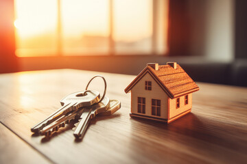 The moment of new beginnings, this image features keys on a table in a bright apartment, symbolizing mortgage approval and the journey of home ownership. - obrazy, fototapety, plakaty