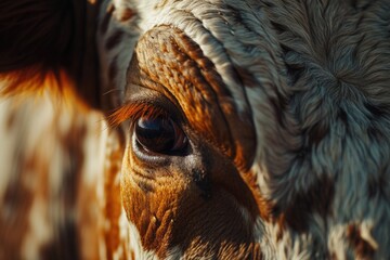 A close-up view of a brown and white cow's eye. This image can be used for educational purposes or in a farm-related context