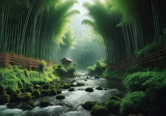 Fototapete Waldfluss green bamboo and river nature view
