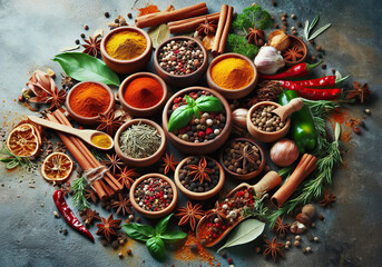 spices and herbs for cooking, food ingredients, concept of flavor