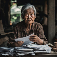 Asian elder woman holding a lot of bills on her hands and worry about the expense that she has to pay. Life after retirement.