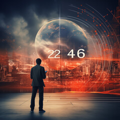 Futuristic Business man looking through the future with Ai. The red background showcases a dynamic fusion of futuristic and earth problem with global warming in red background.