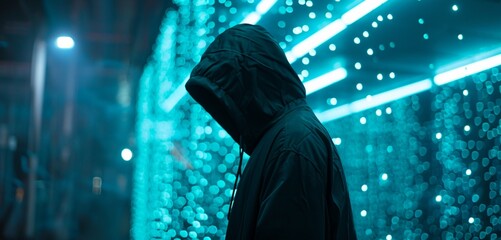 Innovative holographic backdrop for teal hoodie with geometric patterns.