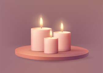 A realistic vector illustration of a bright scented candles with a glowing flame, on a wooden podium perfect for SPA or romantic occasions. The design adds warmth and festive illumination. Not AI.