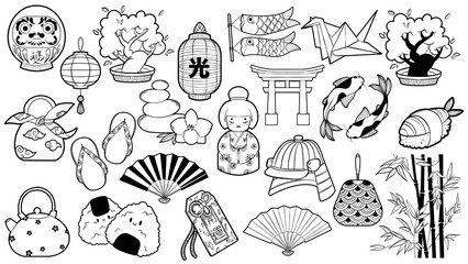 Bundle of charcoal hand drawn japanese culture items illustrations - bamboo, samouraï, tea pot, koï carps, geisha doll, fan, bonsai, lanterns, etc...
