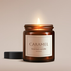 A realistic 3D illustration of a caramel scented candle in brown glass with glowing flame. Perfect for creating a spa like ambiance. Creates a bright, decorative, and aromatic ambiance. Not AI.