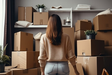 A young woman unpacking in her new home, highlighting the independence and joy of owning real estate and managing a home loan.