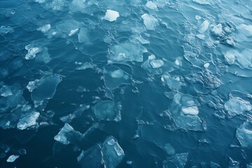 Aerial view of melting icebergs surrounded by ocean waters. Ecological disaster - global warming.