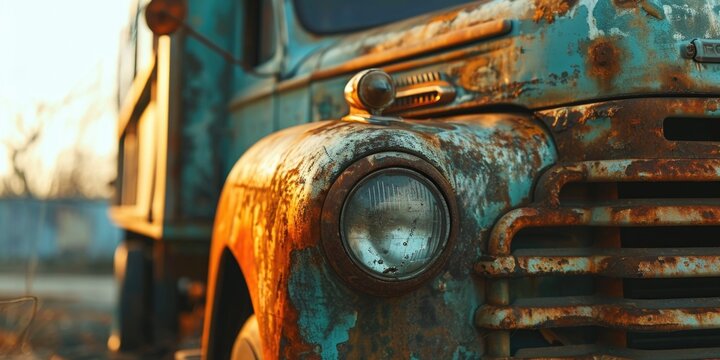An old rusted truck parked in a field. Suitable for industrial, vintage, or transportation themes