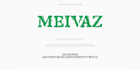 Meivaz futuristic minimalist display font design, alphabet, typeface, letters and numbers, typography.