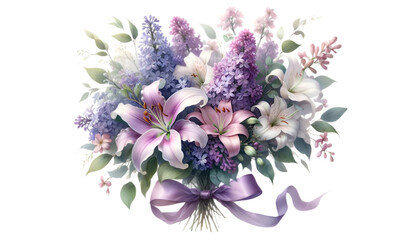 Watercolor of a very beautiful purple flower bouquet. flowers bunch for valentine's day.