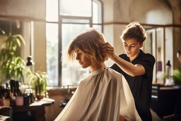 Obraz premium a young gorgeous female getting her hair cut, dyed and styled at the professional hair dresser's salon with light and airy interior