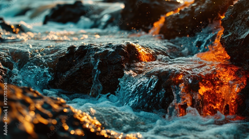 Poster a close-up view of a stream of water flowing near rocks. this image captures the natural beauty of w