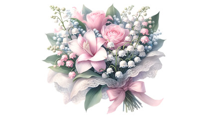 Watercolor of a very beautiful pink flower bouquet. Flowers bunch for valentine's day.