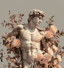 Antique male sculpture and flowers. 