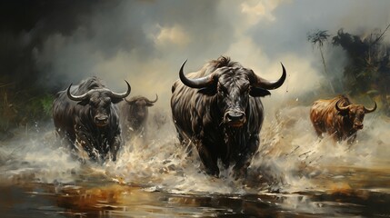 Migrating wildebeests. A dramatic scene of wildebeest. AI generate illustration