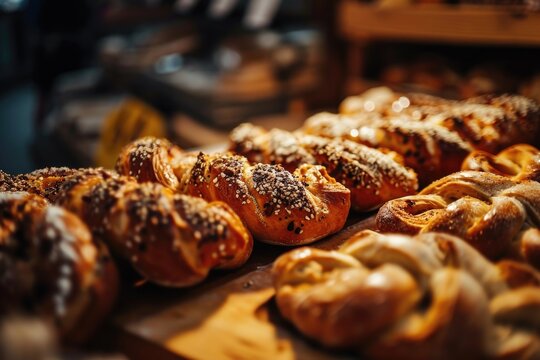 A table filled with a variety of delicious pastries, each one decorated with colorful icing. Perfect for bakery advertisements or food-related projects