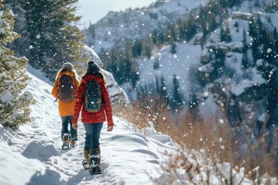 A couple walking together in the snow. This image can be used to depict winter activities or a romantic winter scene