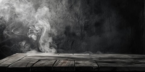 A wooden table with smoke rising out of it. Can be used to depict a burning or smoking object or as a background for concepts related to fire, cooking, or mystery