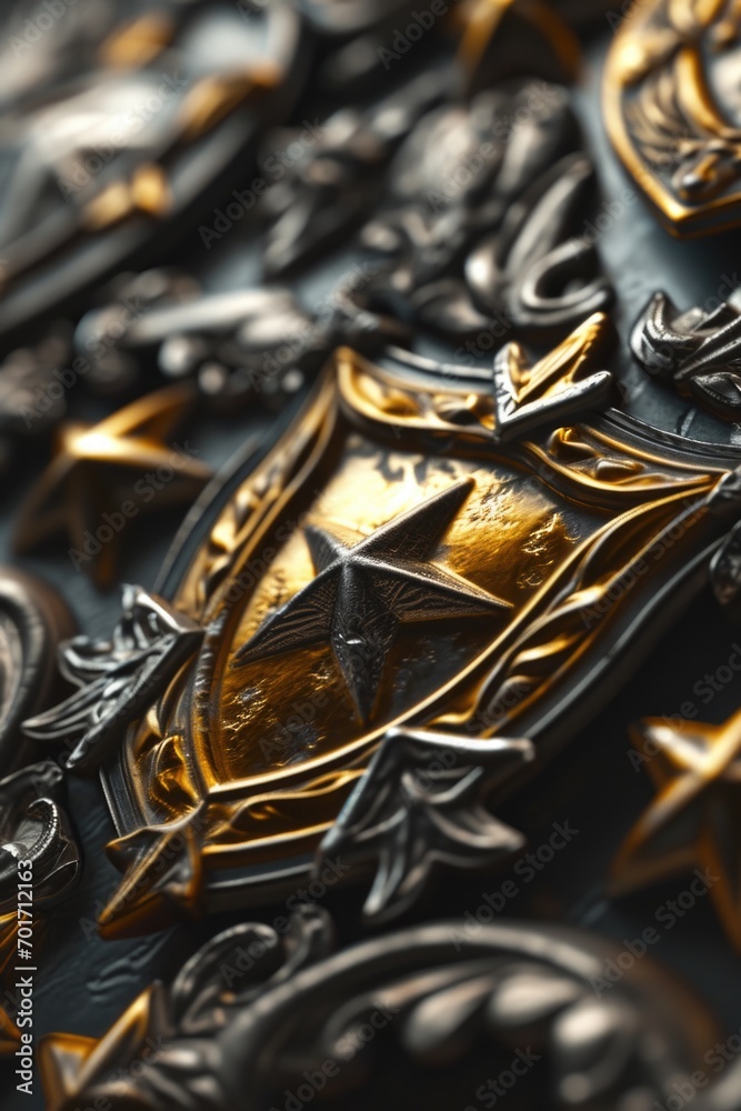 Poster a close-up view of a gold and black shield. versatile and suitable for various purposes