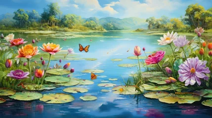 Foto op Canvas a small pond with lily pads © Left
