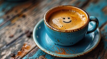 tasse de café bleu avec un sourire.