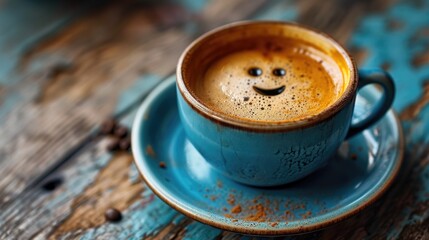 tasse de café bleu avec un sourire.